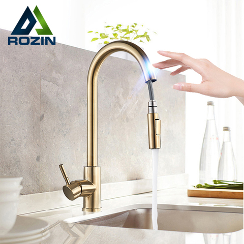 Rozin Smart Touch Kitchen Faucet Brushed Gold Poll Out Sensor Faucets Black/Nickel 360 Rotation Crane 2 Outlet Water Mixer Taps ► Photo 1/6