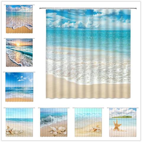 Ocean Beach Shower Curtains Sea Wave Blue Sky Hawaii Scenery Shell Starfish Home Decor Bath Bathtub Waterproof Cloth Curtain Set ► Photo 1/6