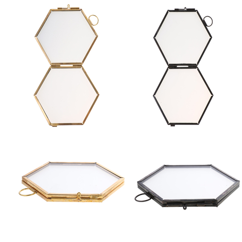 High Quality Hanging Metal Glass Vintage Hexagon Photo Picture Frame Keepsake Gift for Home Decoration 8.8x8.5cm - Gold/ Black ► Photo 1/6