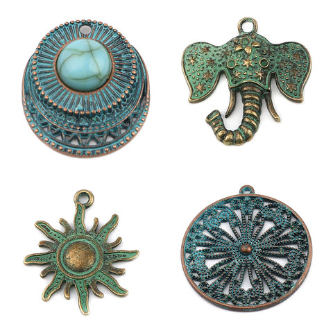 Bohemian Zinc Alloy Patina Pendants Round Antique Copper Green Blue Flower Elephant Charms DIY Making Earrings Necklace Jewelry ► Photo 1/6