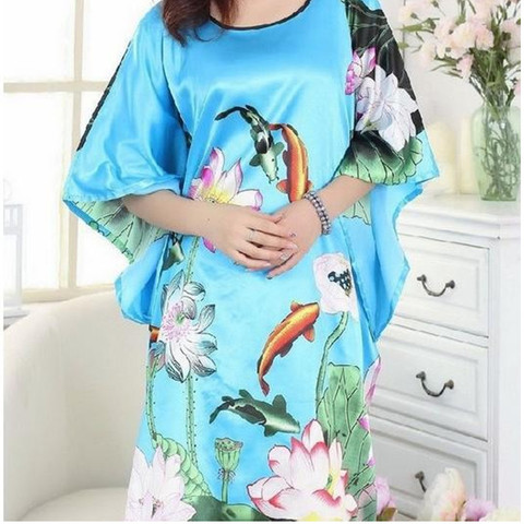 New Arrival Light Blue Female Silk Rayon Nightwear Summer Lounge Robe Dress Home Wear Kimono Bath Gown Flower One Size ► Photo 1/6