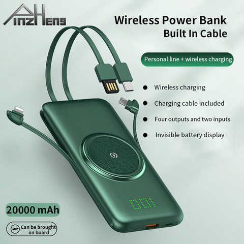 PINZHENG 20000mAh Qi Wireless Charger Power Bank Built-in 4 Cables Powerbank Portable External Battery Charger For Xiaomi iPhone ► Photo 1/6