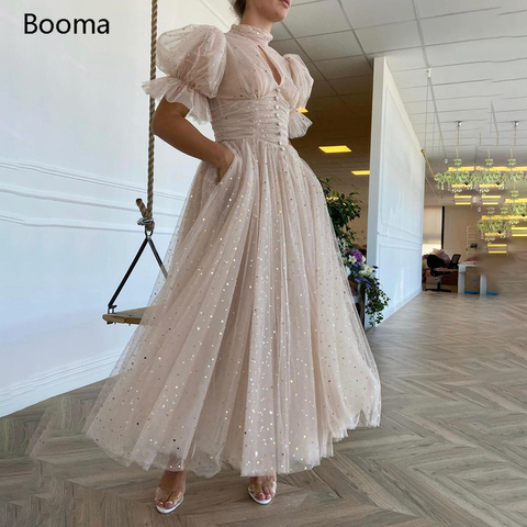 Booma Elegant High Neck Evening Dresses Short Sleeves Keyhole Buttoned Top A-Line Prom Dresses Pockets Tea-Length Party Gowns ► Photo 1/5