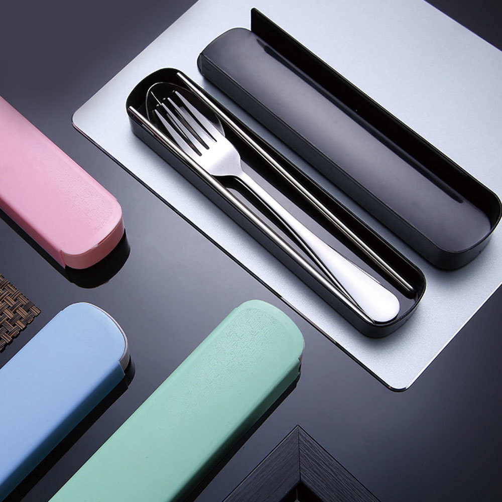 7PC/Set Spoon Fork Chopsticks Stainless Steel Straw Travel Cutlery Tableware Box 