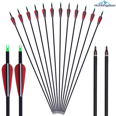 12PCS Huntingdoor Mixed Carbon Arrows Hunting Archery Bow 31.5inch Spine 500  Red Feathers Replaceable Head for Hunting Shooting ► Photo 1/6