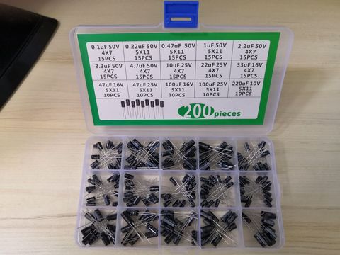 1box 15Value-200pcs Aluminum electrolytic capacitor kit 10V/16V/25V/50V 220uf 100uf 47uf 33 22 10 4.7 3.3 2.2 1 0.47 0.22 0.1 uf ► Photo 1/2