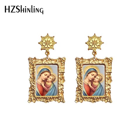 2022 Antique Dangle Earrings Mother of God Virgin Mary Retro Paintings Glass Cabochon Mandala Pendants Jewelry for Women ► Photo 1/6