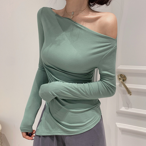 shintimes Off Shoulder Tshirt Woman Backless Sexy T Shirt Women T-Shirt Long Sleeve Korean Style Slim Elasticity Womens Clothing ► Photo 1/6