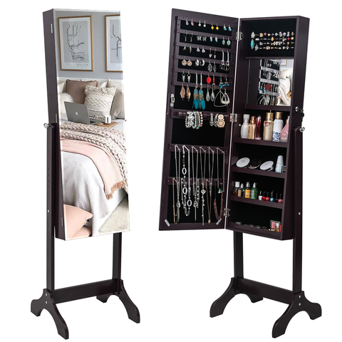 Full Body Makeup Mirror Cabinet Jewelry Storage Box 4-Layer Shelf With Inner Mirror Adjustable Wooden Floor Standing Dark Brown ► Photo 1/6