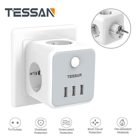TESSAN EU Wall Socket Power Strip with 3 AC Outlets + 3 USB Charger Adapter Overload protection 6-in-1 Socket on/off Switch ► Photo 1/6