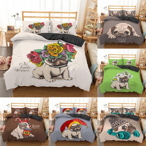 Homesky Puppy Pug Bedding Set 2/3 pcs 2022 Cute Pug Dog Duvet Cover Lovely Pattern Quilt Cover and Pillowcase Bed Linen ► Photo 1/6