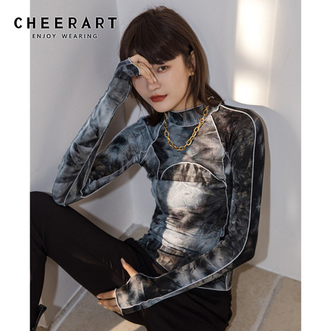 CHEERART Tie Dye Grey Black Turtleneck Woman Tshirts Bodycon Long Sleeve Top Women 2022 Fall Fashion Tee Shirt Femme Clothing ► Photo 1/6