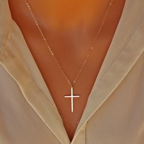 Cross Necklace Simple Necklaces Jesus Women Chain Ladies Pendant Girls Jewelry Yellow Gold Color Vintage European Metal Collares ► Photo 1/6