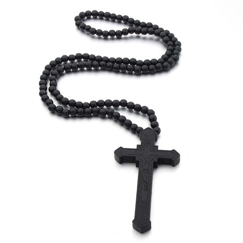 VOQ New Jesus Carved Pattern Pendant Wood Beads Chain Cross Necklace Christian Religious Prayer Christmas Jewelry Gifts ► Photo 1/6