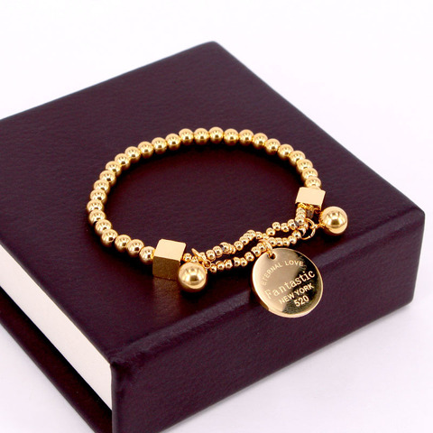 Stainless Steel Ball Beads Bracelet For Women Circle Tag Charm Stretch Strand Bracelet 