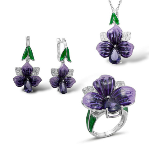 Ladies Trendy Silver Enamel Jewelry Set High Quality Purple Zircon Flower Petal Pendant Necklace Ring Earrings Wedding Party Set ► Photo 1/6