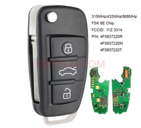 KEYECU Remote Car Key Fob Control FSK 315MHz/434MHz/868MHz 8E Chip for Audi A6 S6 Q7 2004-2015 FCCID: IYZ 3314 P/N: 4F0837220R ► Photo 1/4