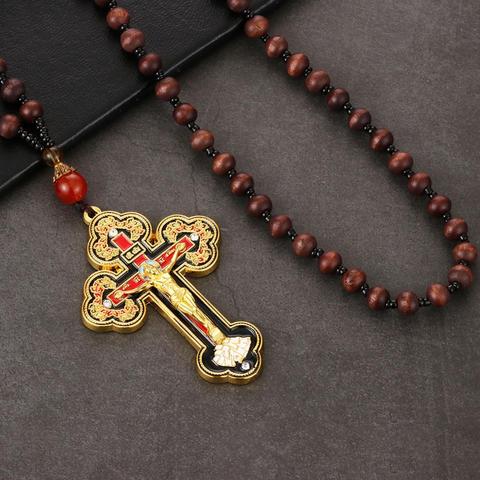 Orthodox Large Crucifix Jesus Cross Pendant Necklaces for Men Women Rosary Necklace Wood Beaded Chains Religious Prayer Jewelry ► Photo 1/6