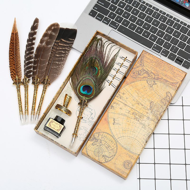 New and unique! Natural peacock feather dip pen set writing ink luxury ...
