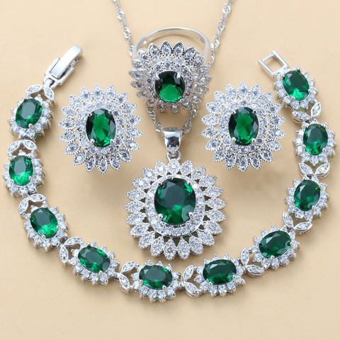 luxurious Dubai Bridal Silver 925 Brial Jewelry Sets Green Cubic Zircon Sunflower Earrings Necklace Bracelet And Ring Sets ► Photo 1/6