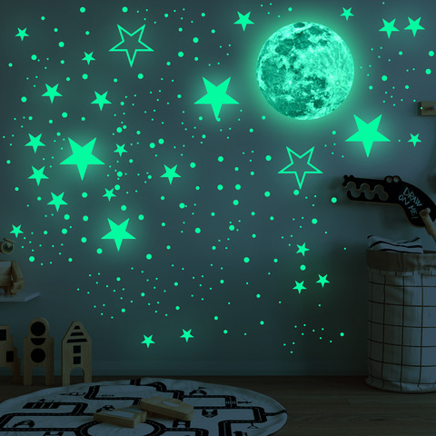 30cm Moon 435pcs Stars Dots Green Luminous Wall Sticker Children Room Ceiling Stairs Wallpaper Fluorescent Mural Decals ► Photo 1/6