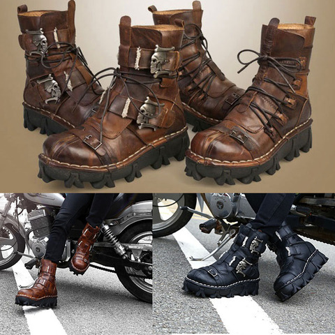 Men's Cowhide Genuine Leather Motorcycle Boots Military Combat Boots Desert Ankle Boots Gothic Skull Punk Boots Martin Boots ► Photo 1/6
