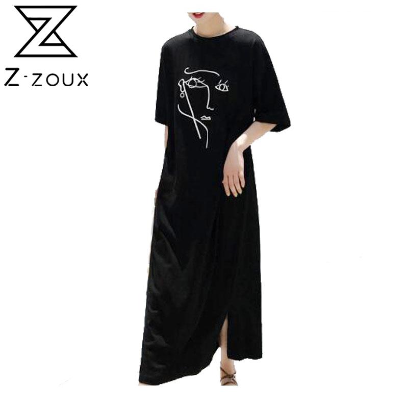 Buy Online Z Zoux Women Dress Cotton T Shirt Dress Printing Half Sleeves Long Dress Solid Split Girls Loose Leisure Summer Dresses Alitools