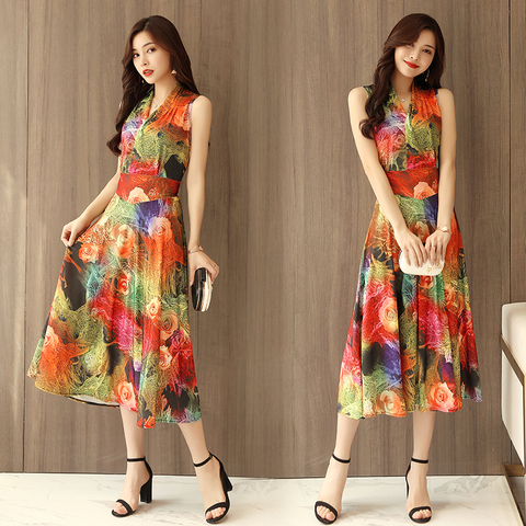 Women Clothes Summer Printed Bohemian Beach Sundress Plus Size V-neck Sleeveless Long Maxi Dress Casual Style Vestidos Mujer ► Photo 1/6