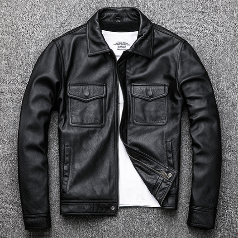 Free Shipping.Genuine Leather jacket.Winter warm casual black Men cowhide clothes.quality plus size leather coat.54-56 slim ► Photo 1/5