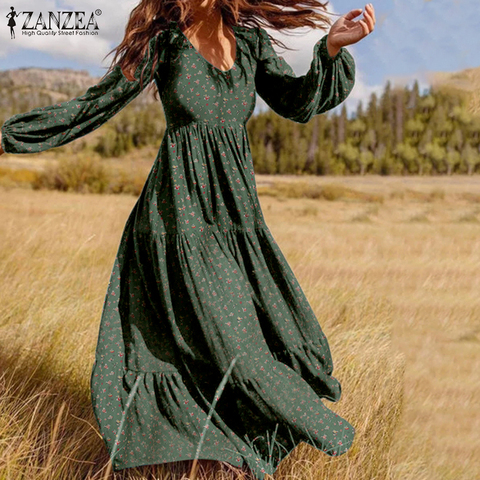 ZANZEA 2022 Stylish Ruffle Maxi Dress Casual Puff Sleeve Tunic Vestidos Female Solid Robe Women's Autumn Sundress Plus Size 5XL ► Photo 1/6