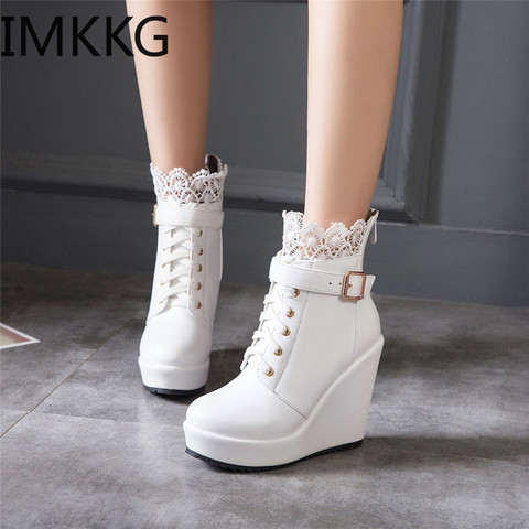 Winter Buckle super high Wedges Platform Ankle boots for Women Lace Up White Black High Heel Ladies Shoes Bootie ► Photo 1/6