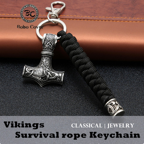 Vintage Handmade Keychain Viking Rune Hammer Car KeyRing mjolnir Outdoor Mountaineering Survival Braided rope Men Norse Jewelry ► Photo 1/6