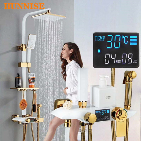 Bathroom Shower Faucet White Gold Digital Bathroom Shower Mixer Set Luxury Thermostatic Shower System Rainfall Shower Head ► Photo 1/1