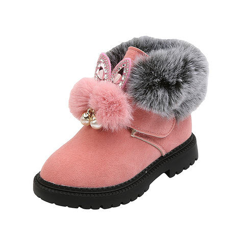 Girls Snow Boots Kids Ankle Boots Sweet Cute Rabbit Ear Crystal Fluffy Smooth Fur Hairy Warm Thick Cotton Children Winter Boots ► Photo 1/6