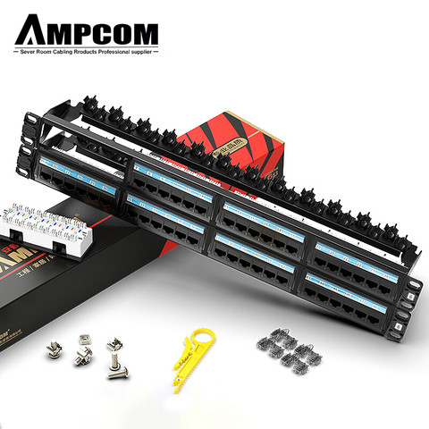 AMPCOM CAT5e CAT6 24/48 Ports Patch Panel, Rack Mount - 1U, 2U, 19 inch, 50u Gold Plated, with Rear Cable Management Bar ► Photo 1/6