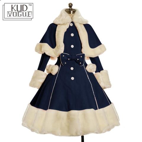 Lolita Dress Suit Women Winter Fur Collar Shawl & Bow Fitted Vintage Gothic Dress Warm Thick Cute Single-breasted Long Sleeve ► Photo 1/5