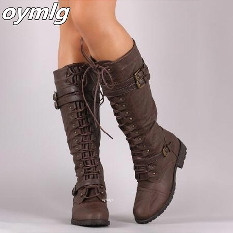 Women Knee high Boots Autumn Winter Lace Up Flat Shoes Sexy Steampunk PU Retro Buckle women shoes Ladies Snow Boots ► Photo 1/1