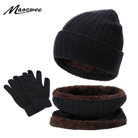 Winter Beanie Hat Scarf Gloves Three-piece Set Women Men Touch Screen Gloves Outdoor Warm Velvet Knitted Unisex Beanie Hats Sets ► Photo 1/6
