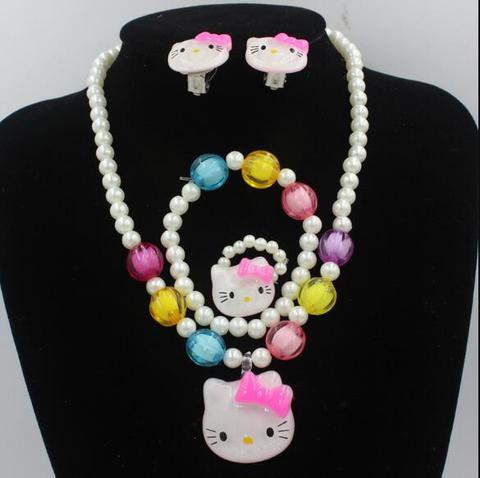 1set Baby Girls Imitation Pearls princess Beads Kitty Cat Cute Necklace Bracelets Kids Children Jewelry Party Xmas gift ► Photo 1/3