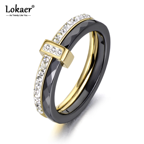 Lokaer 2 Layers Black/White Ceramic Crystal Wedding Rings Jewelry Stainless Steel Rhinestone Engagement Ring For Women R18054 ► Photo 1/6