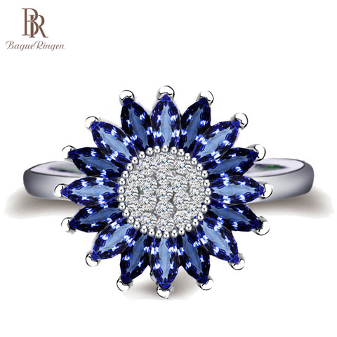 Bague Ringen Female Trendy Silver 925 Jewelry Sapphire Rings for Women Sunflower Blue Gemstones Flower Plant Dating Party ring ► Photo 1/6