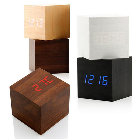 Cube Wooden Clock Digital LED Desk Table Alarm Clock Thermometer Sounds Control LED display Calender BestSelling2022Products!! ► Photo 1/6