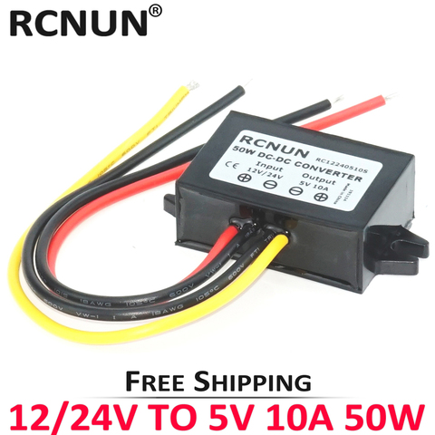 RCNUN 12V 24V to 5V 3A 5A 10A Step Down DC DC Converter Regulator 50W 24 12 Volt Buck to 5 Volt LED Power Supply for Cars ► Photo 1/6