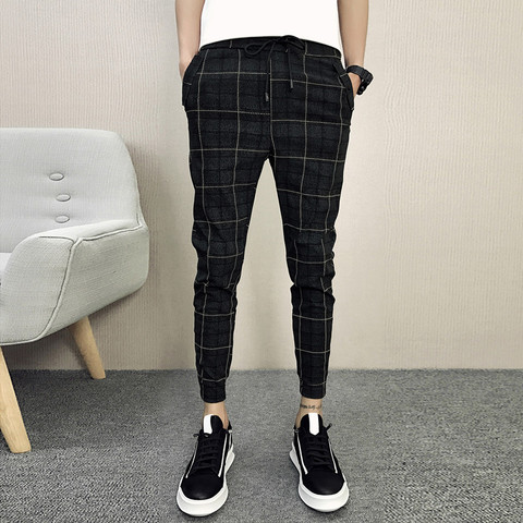 2022 New style fashion Male  Elastic waistline leisure joggers sweatpants/Men High-grade pure cotton tight grid Pencil pants ► Photo 1/6