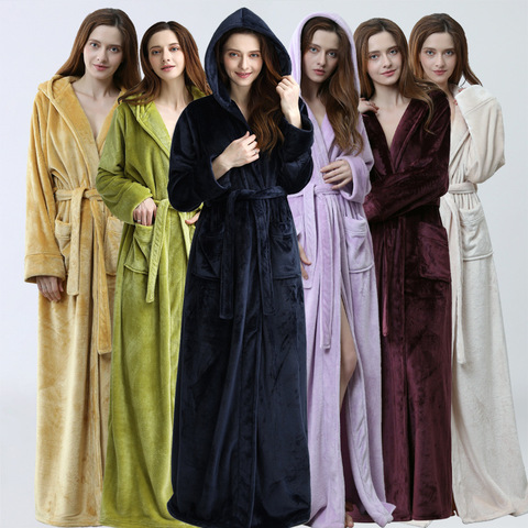 Women Men Winter Flannel Robe Hooded Warm Bathrobe Lovers Plus Size Extra LongThick Kimono Bath Robe Male Dressing Gown Robes ► Photo 1/6