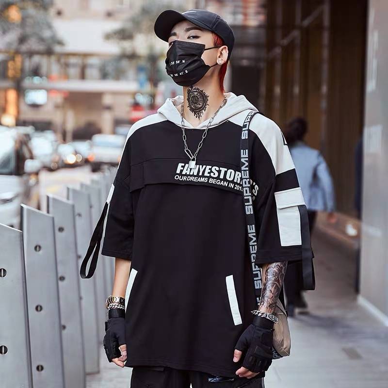 2023 new hip hop hooded short sleeve T-shirt trend summer half