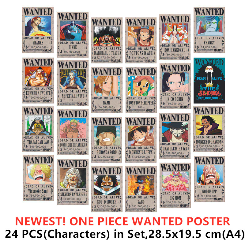 Buy Online 24 Pcs Lot One Piece Wanted Newest Posters Luffy Jinbe Nami Chopper Robin Zoro Sanji Usopp Franky Newgate Sabo Ace Big Mom Toys Alitools