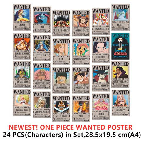 Buy Online 24 Pcs Lot One Piece Wanted Newest Posters Luffy Jinbe Nami Chopper Robin Zoro Sanji Usopp Franky Newgate Sabo Ace Big Mom Toys Alitools