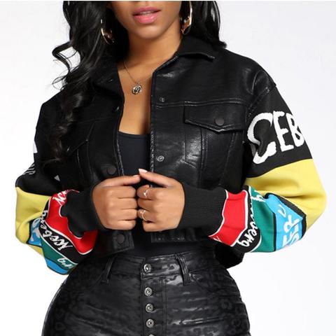 Customized Grimace graffiti pu leather jacket cartoon printed leather jacket female kint sleeve sticthing pu leather tops F1920 ► Photo 1/6