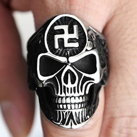 Fashion Punk Swastika Symbol Skeleton Ghost Head Big Rings For Men Stainless Steel Accessories Religious Skull Men Svastika Ring ► Photo 1/6